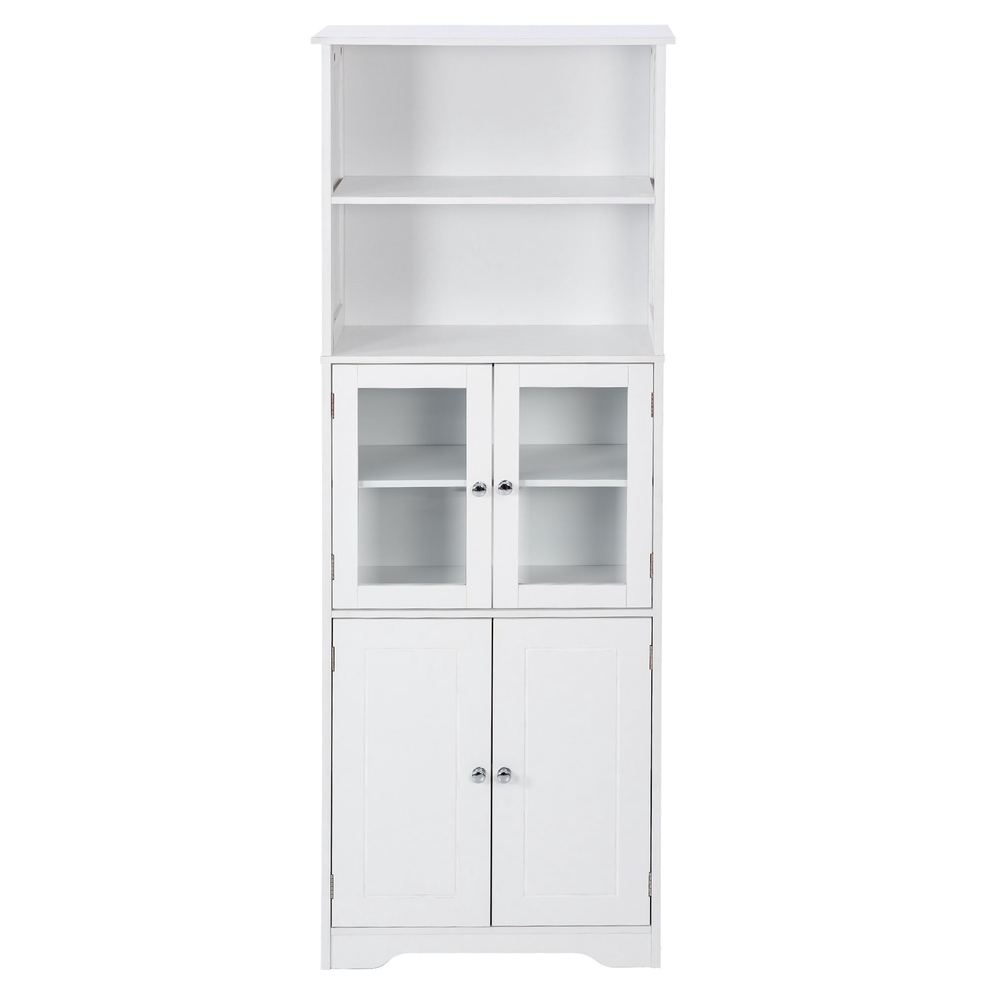 AENKYO Tall Storage Cabinet with Adjustable Shelves, Glass Doors, and Open Shelves, Bathroom or Kitchen, White