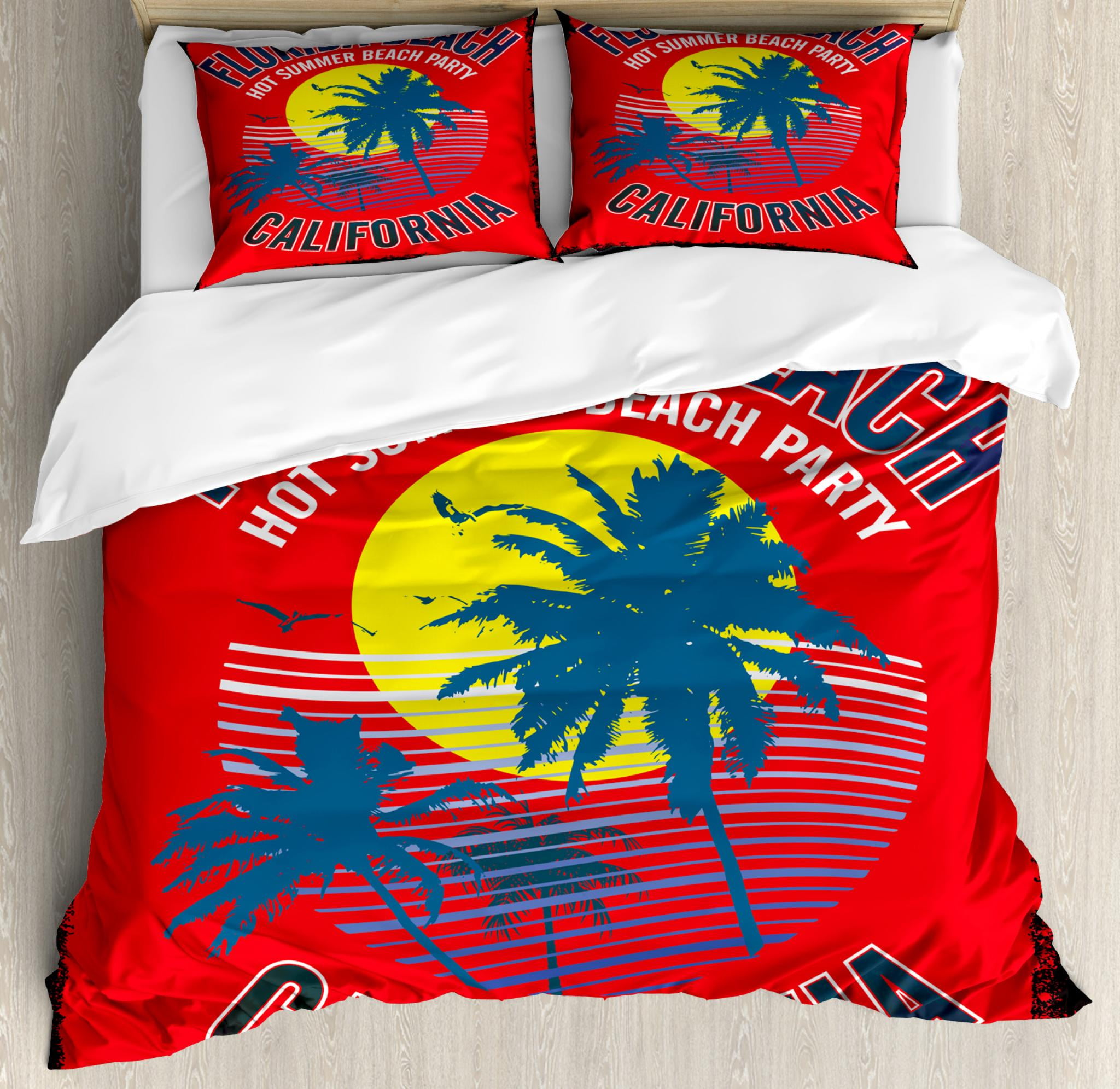Florida Duvet Cover Set Queen Size Hot Summer Beach Party In California Theme Grunge Backdrop With Trees And Waves Decorative 3 Piece Bedding
