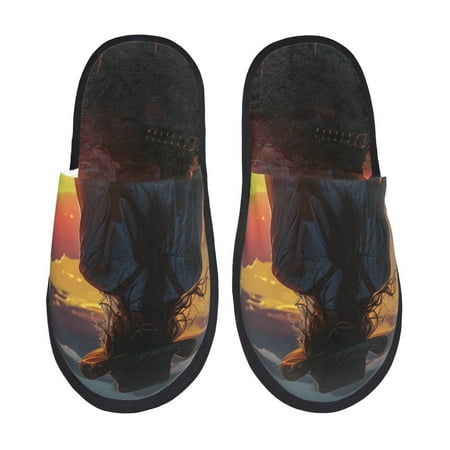 Balery Sunset Western Cowgirl Slient Indoor Furry Fleece Comfort House Shoes Soft Non-Slip Home Shoes Cotton slippers House Slippers-- Medium