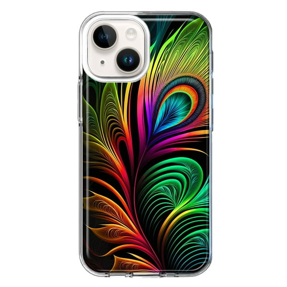 MUNDAZE Case for Apple iPhone 15 Hybrid Shockproof Slim Hard Soft TPU Shell Heavy Duty Protective Phone Cover - Neon Rainbow Glow Peacock Feather