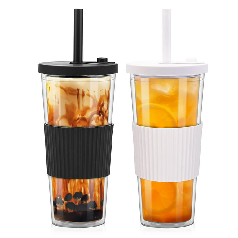 New 24 Oz Glass Tumbler with Lid with Two Straw- Iced Coffee Cup Silicone  Protec