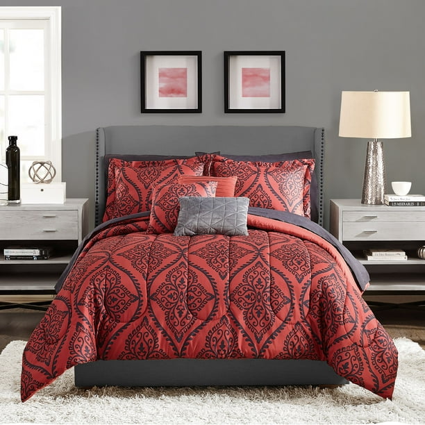 Mainstays Red And Black Damask Bed In A, Queen Bed Linen Sets
