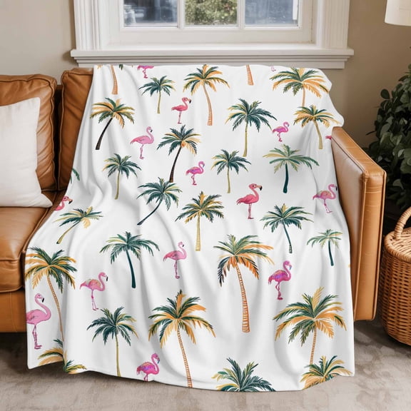 Flannel Fleece Throw Blankets Pink Flamingo Palm Trees on White Throws Blankets, Summer Beach Lightweight Soft Warm Blanket for Couch Sofa Bed Living Room All Season Use, 50x60in