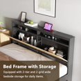 thumbnail image 5 of Sesslife Rattan Queen Size Bed Frame with LED Lights and Charging Station, Farmhouse Metal Platform Bed with Storage Headboard and Cat Cabinet, Strong Slats Support, No Box Spring Needed, Black, 5 of 8