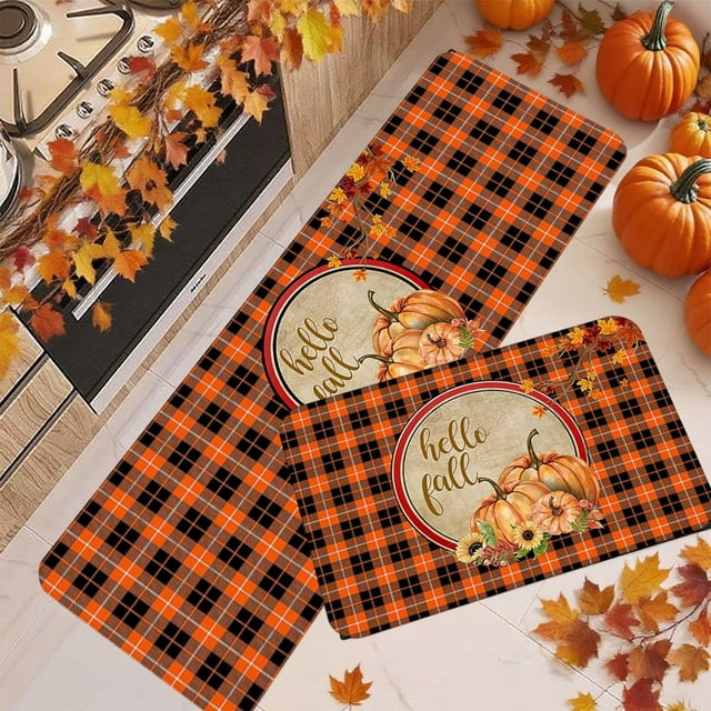 Sokhug 2 Pcs Tapis de Cuisine Helloween Citrouille Tapis de Cuisine Automne Tapis de Porte Décoratifs Action de Grâce, Fête d'Automne Feuilles d'Érable Récolte Tapis de Sol Profil Bas Reconnaissant