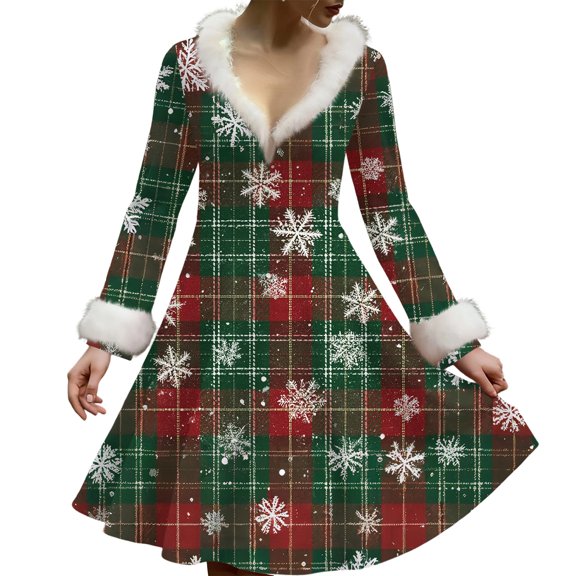 Women's Casual V-neck Christmas Print Plush Long-Sleeve Casual Dress for Holiday and Everyday Wear, Soft Women's Winter Dress with Festive Design,Dark Green,2XL