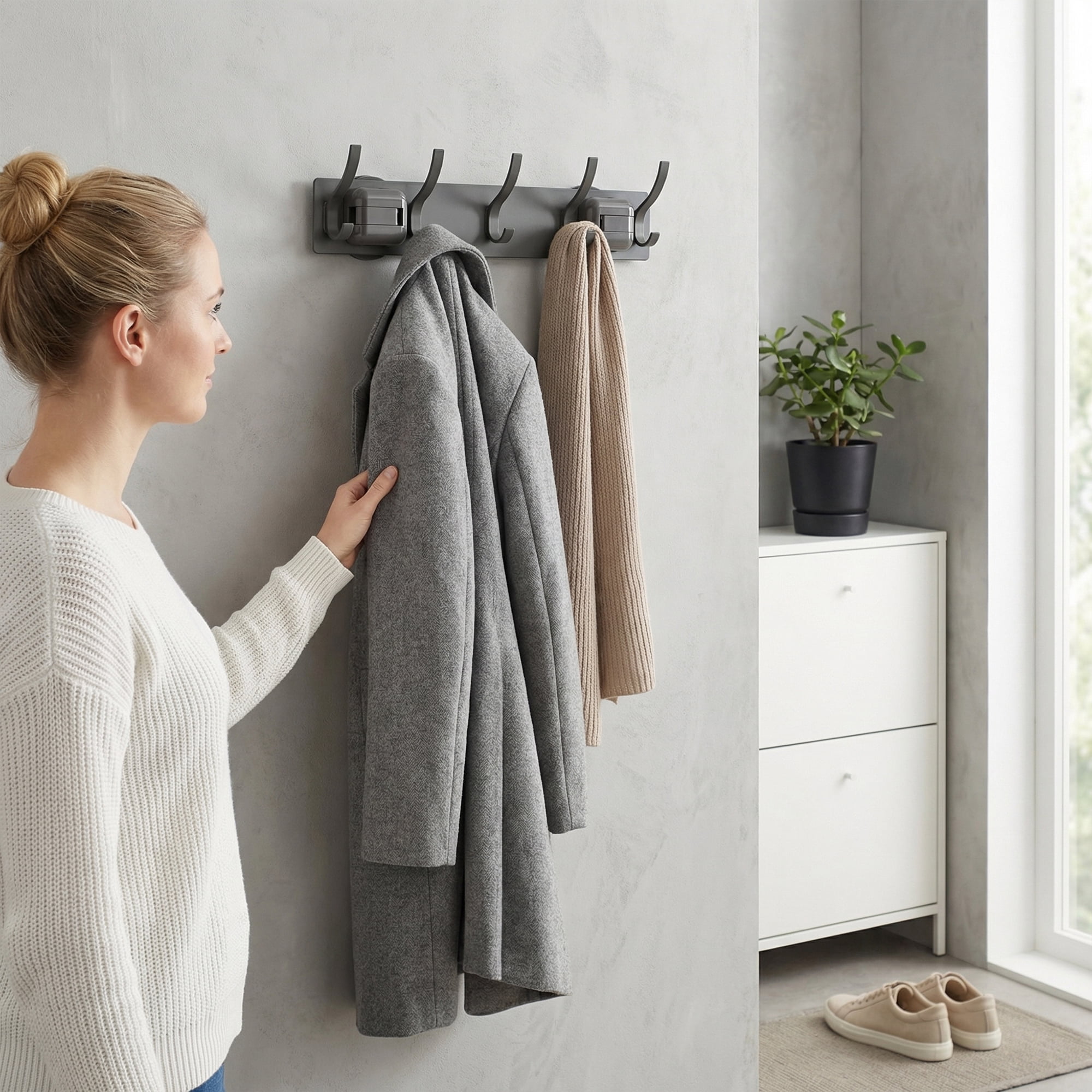 Unique Bargains Coat Rack Wall Mount Metal Suction Round 5 Hooks Rack gray 13.2"x2.4"
