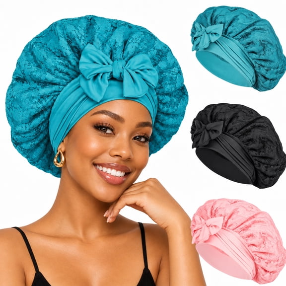 Yalumo Silk Bonnet for Sleeping, 3 Pcs Women Double Layer Satin Bonnet with Lace Edge, Non-Slip Sleep Cap with Wide Elastic Band for Curly & Long Hair