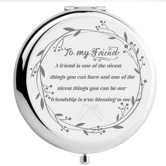 Best Friend Makeup Mirror - Inspirational Quote Travel Compact Pocket Mirror Two-sided Folding for Women Girls - Friendship Gift for Graduation Birthday Christmas Ideas Silver