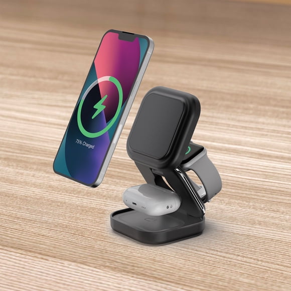 Merkury Innovations 3-in-One Magnetic Wireless Charging Station for iPhone, AirPods, Apple Watch - Black