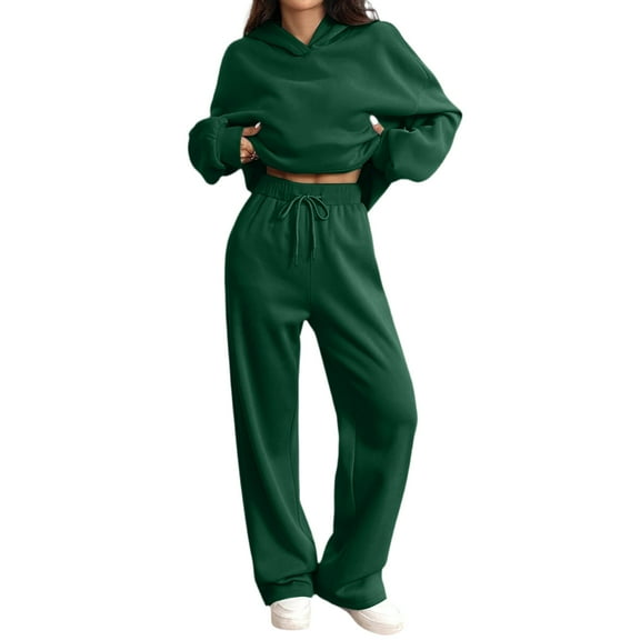 Women's Lounge 2 Piece Outfit Oversized Sweatshirt Wide Leg Sweatpants Sweatsuit With Pockets Dark Green S