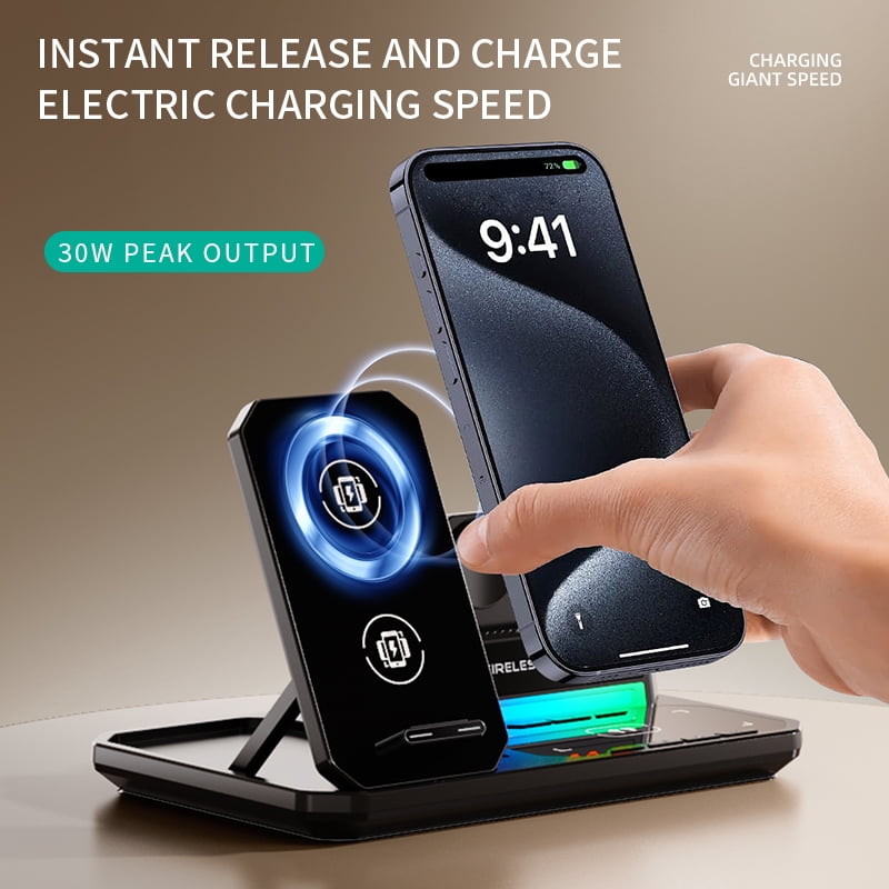 6 in 1 Wireless Charger,Multifunctional Folding Fast Charging Phone Holder,30W Wireless Fast Charging,Compatible with iPhone,Apple Watch, AirPods and Various Devices Orange