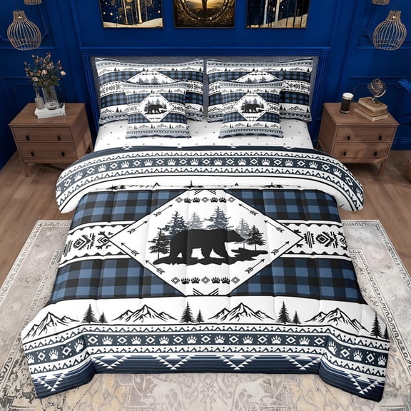 Castle Fairy Boys Girls Animal Bear Twin Bedding Sets 7-Piece,Geometric Plaid Grid Bedding Comforter Set Microfiber,Jungle Wildlife Breathable Sheet Sets,Ultra Soft Home Decor,Reversible