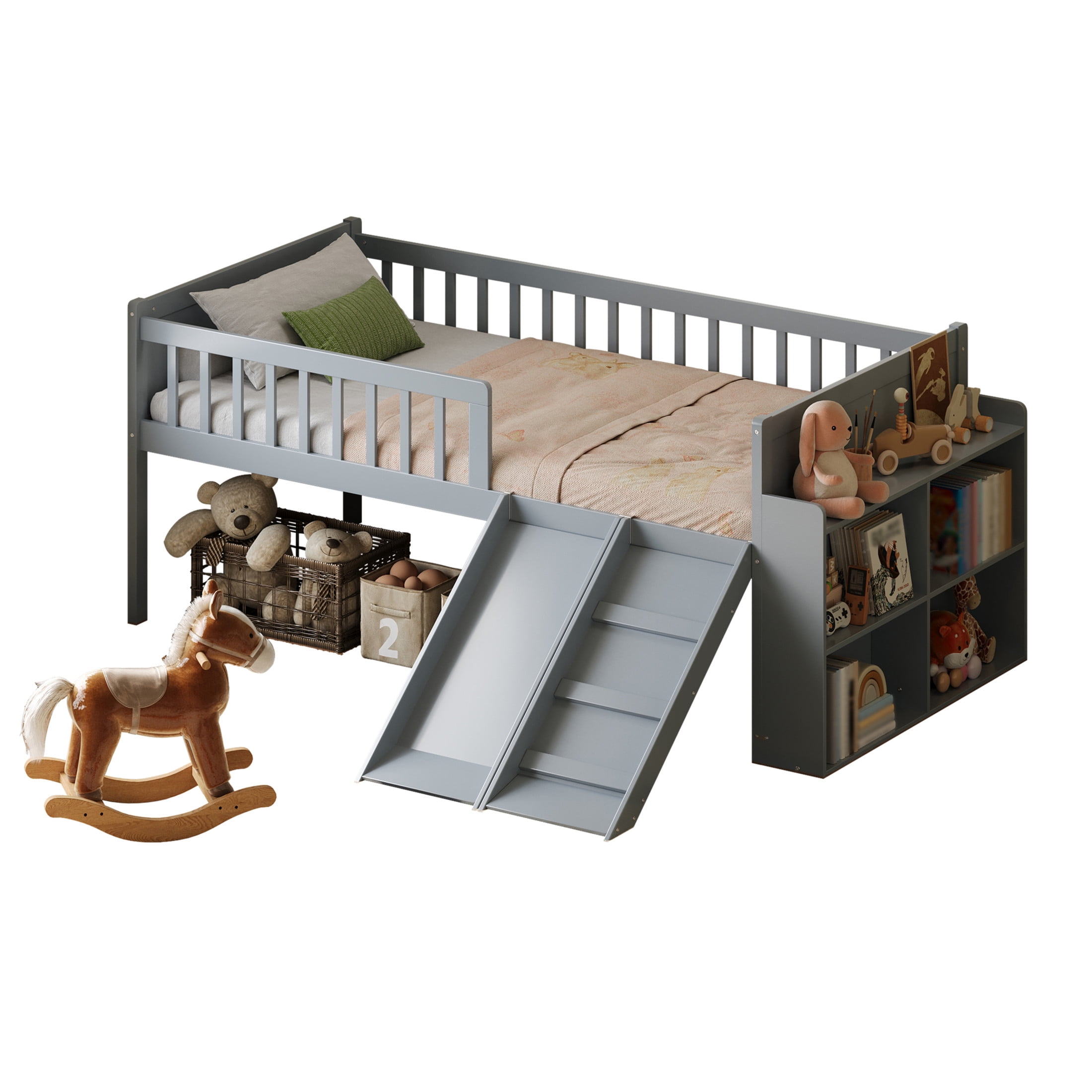Noble House Twin Bed Frame with Storage Shelf, Platform Bed with Slide and Guardrail, Gray