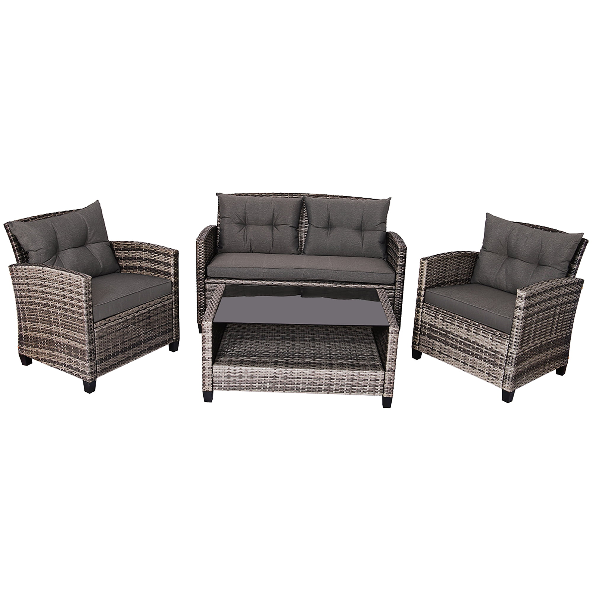 Costway 4PCS Patio Rattan Furniture Set Coffee Table Cushioned Sofa Garden Lawn Gray