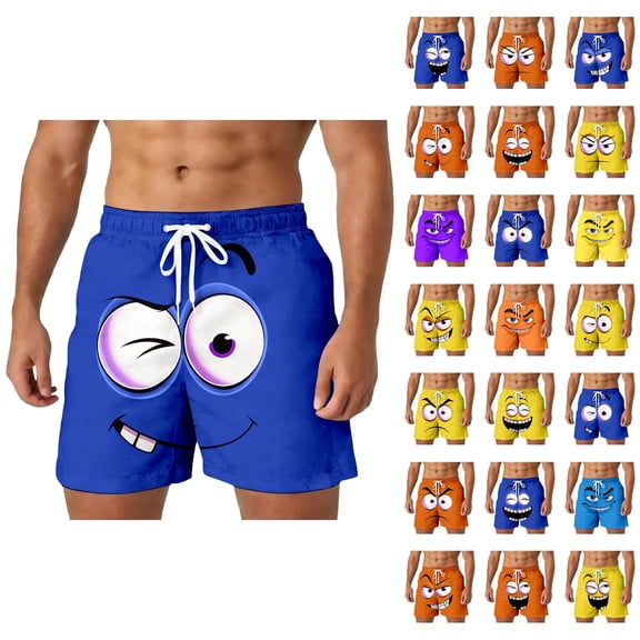 Mens Shorts Summer Casual Lightweight Elastic Waist Funny Face Graphic Straight Leg Beach Shorts with Pockets