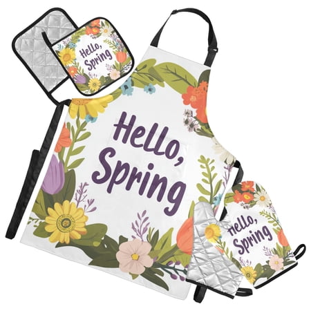Hello Spring Florals Leaves Garland Apron Set with Oven Mitts Pot Holders Set of 5 Kitchen Stuff Accessories