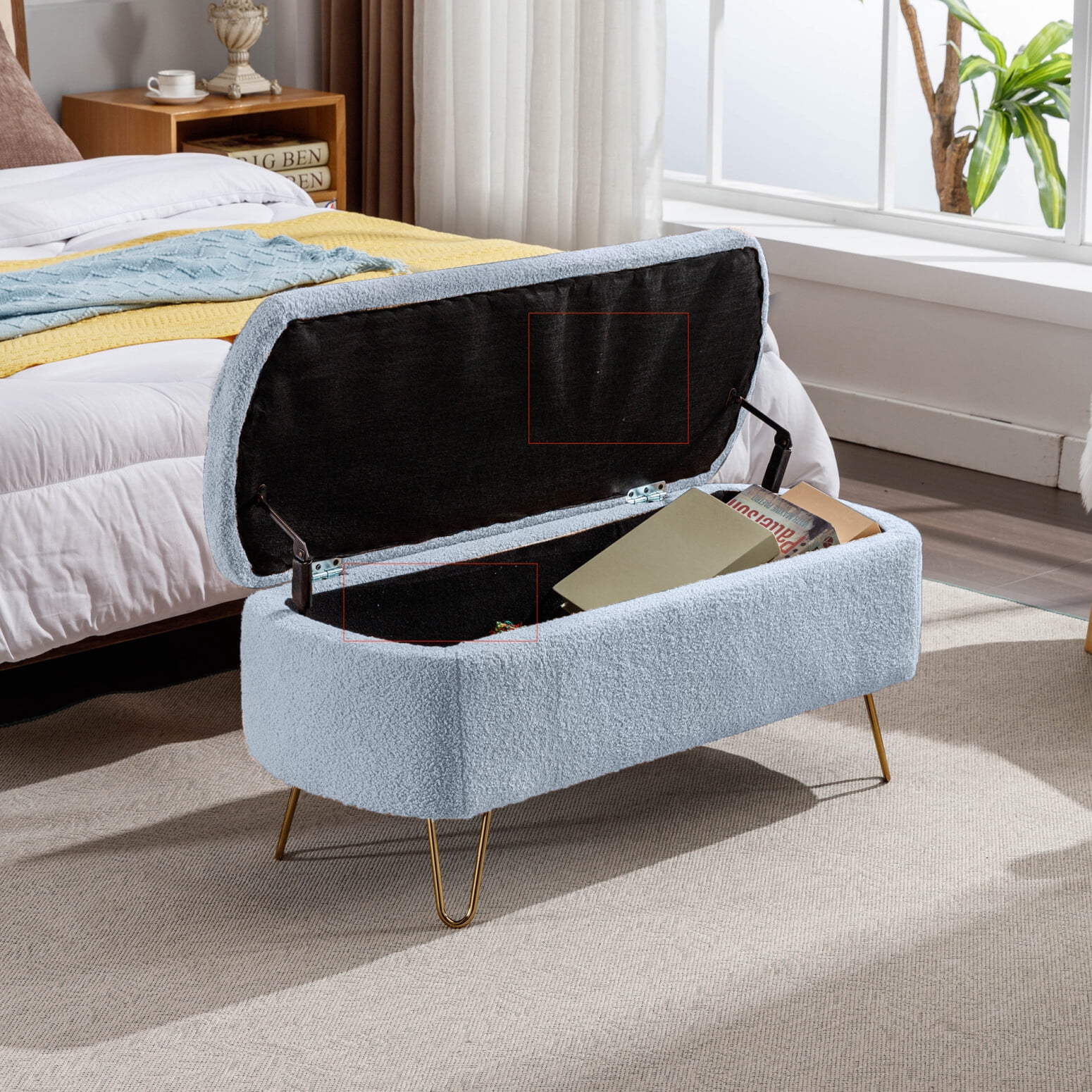 Triple Tree Large Storage Space Ottomans, Faux Fur Blue, 39.37 x 15.75 x 15.50 in, 20.94 lb