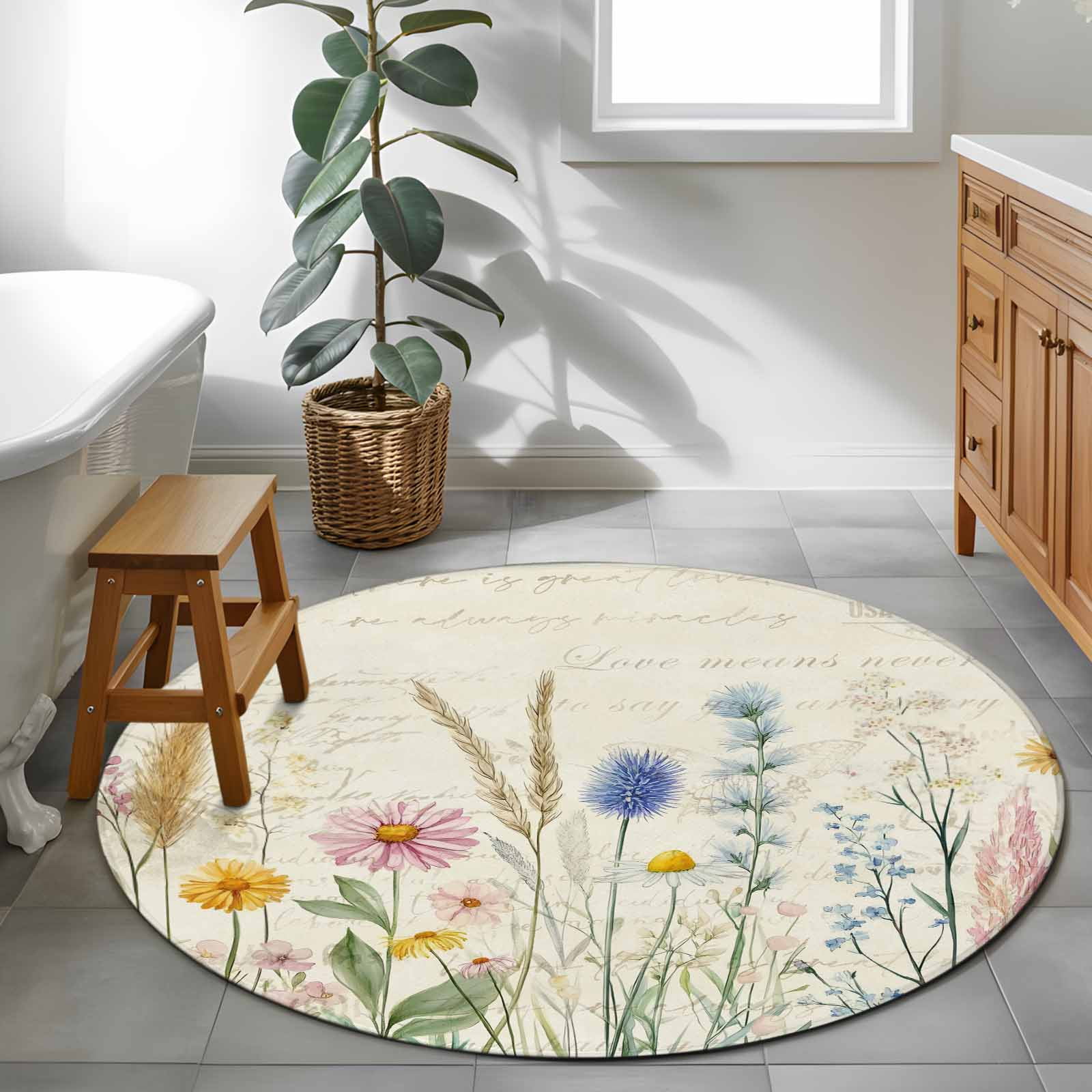 Spring Floral Round Rugs 4ft, Summer Farmhouse Vintage Botanical Non Slip Washable Rug Runner, Low Pile Indoor Floor Carpet Mat Bathroom Rugs for Living Room, Bedroom, Kids Room