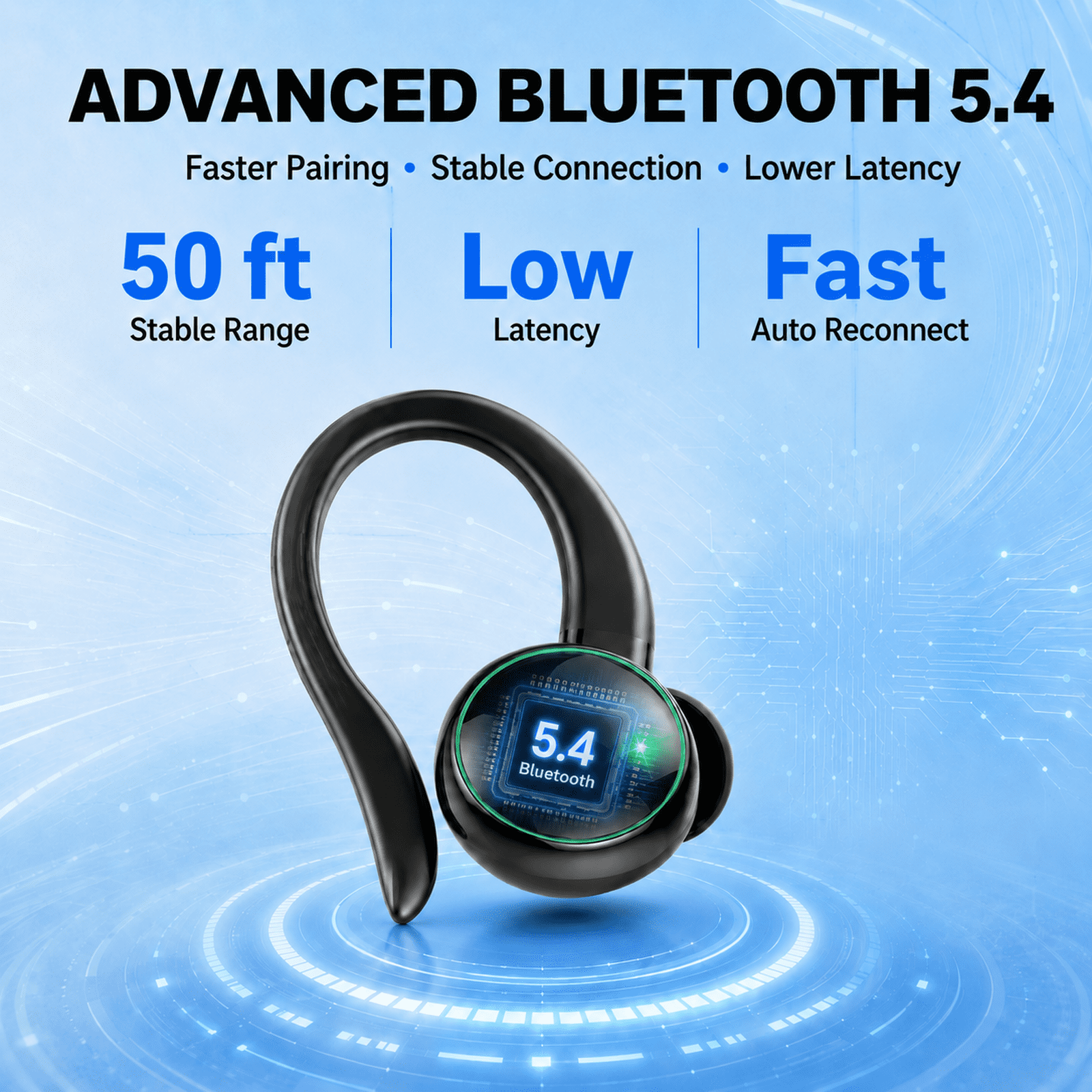 Wireless Earbuds, Bluetooth 5.4 Headphones Sports, 50H Playback Over Ear Earbuds with ENC Noise Cancelling Mic, Deep Bass Fitness Earphones Gym Running Workout with Earhooks, IP7 Waterproof Headset