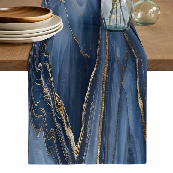 Navy Blue Marble Table Runner, Modern Contemporary Art Washable Cotton Linen Table Runners 60 Inches Long, Dresser Scarf Runner for Coffee/TV Stands/Kitchen/Cabinets 13''x60''