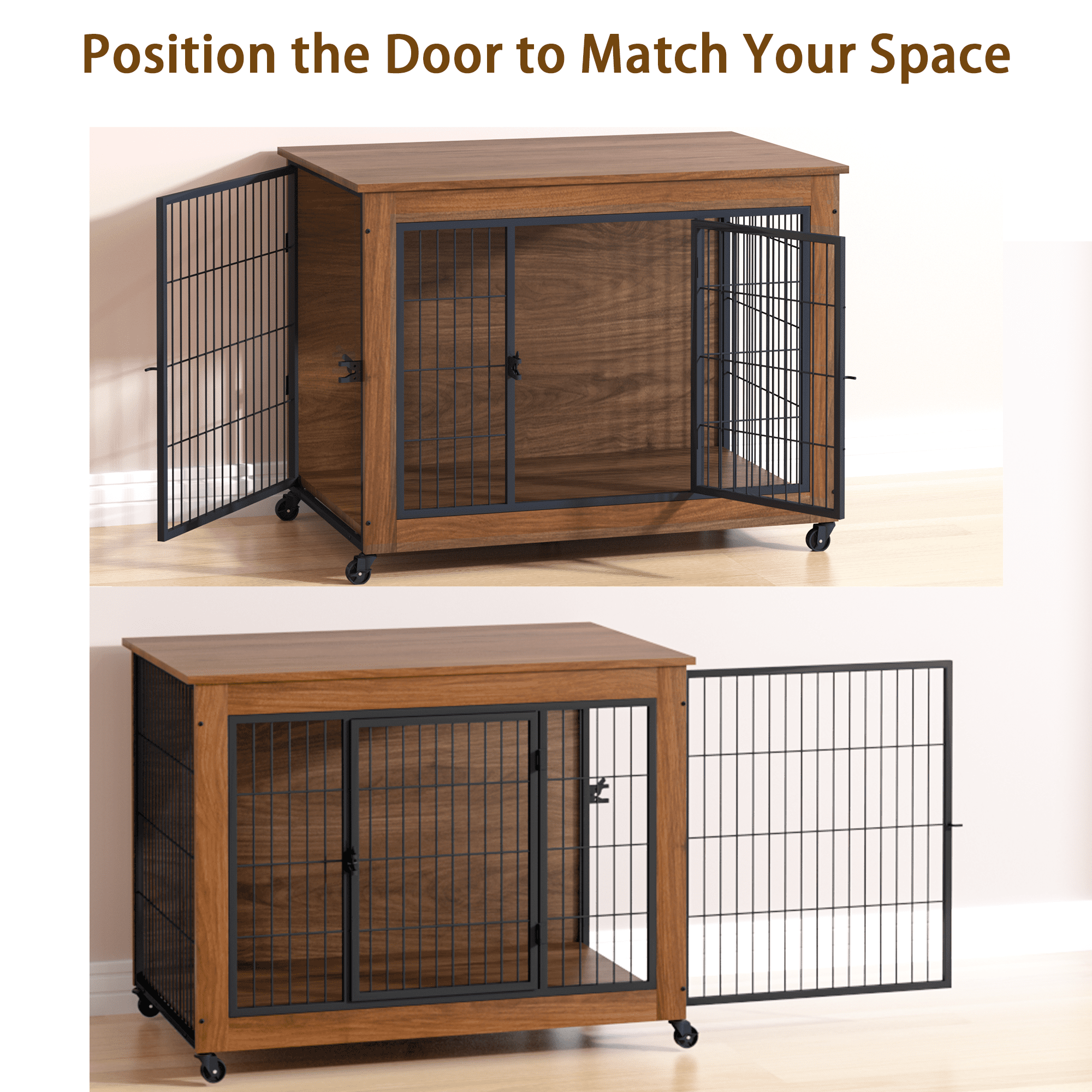 Dog Crate Furniture with Wheels, Wooden Indoor Pet Kennel End Table, Heavy Duty Double Door Metal Dog Cage with Brake Casters, Ventilated Safe Crate for Small & Anxious Dogs