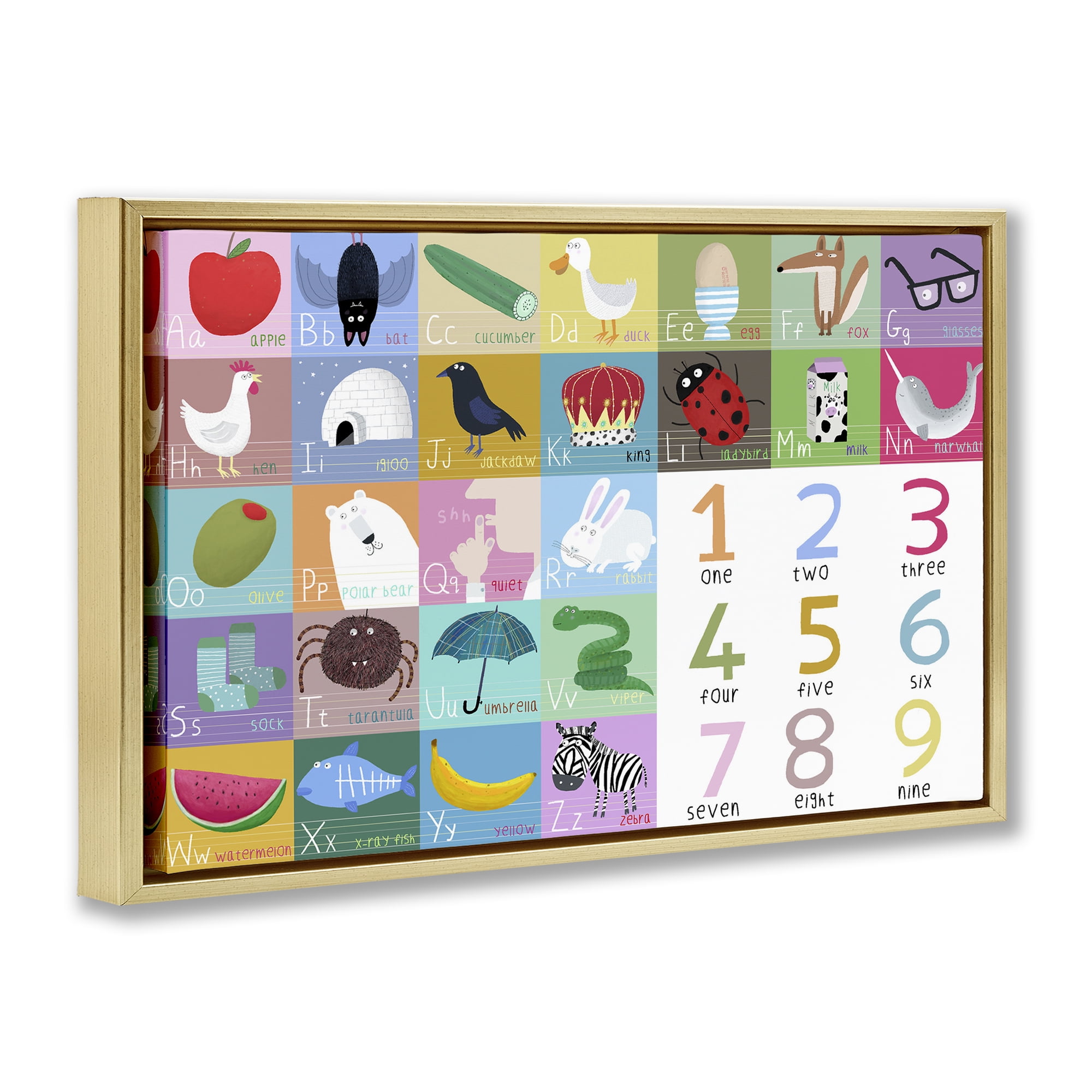 Stupell Industries Alphabet & Numbers First Words Gold Framed Floater Canvas Wall Art, design by Carla Daly