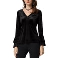 thumbnail image 1 of Blusa de terciopelo de cuello en V para mujeres INSPIRE CHIC, top peplum de manga larga con campana para fiesta de Halloween, color negro, talla S, 1 of 7