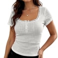 thumbnail image 2 of Women Y2K Short Sleeve Button Up Lace Patchwork Crop Tshirt Tops Slim Fit Scoop Neck Henley Summer Women Tee White L, 2 of 4