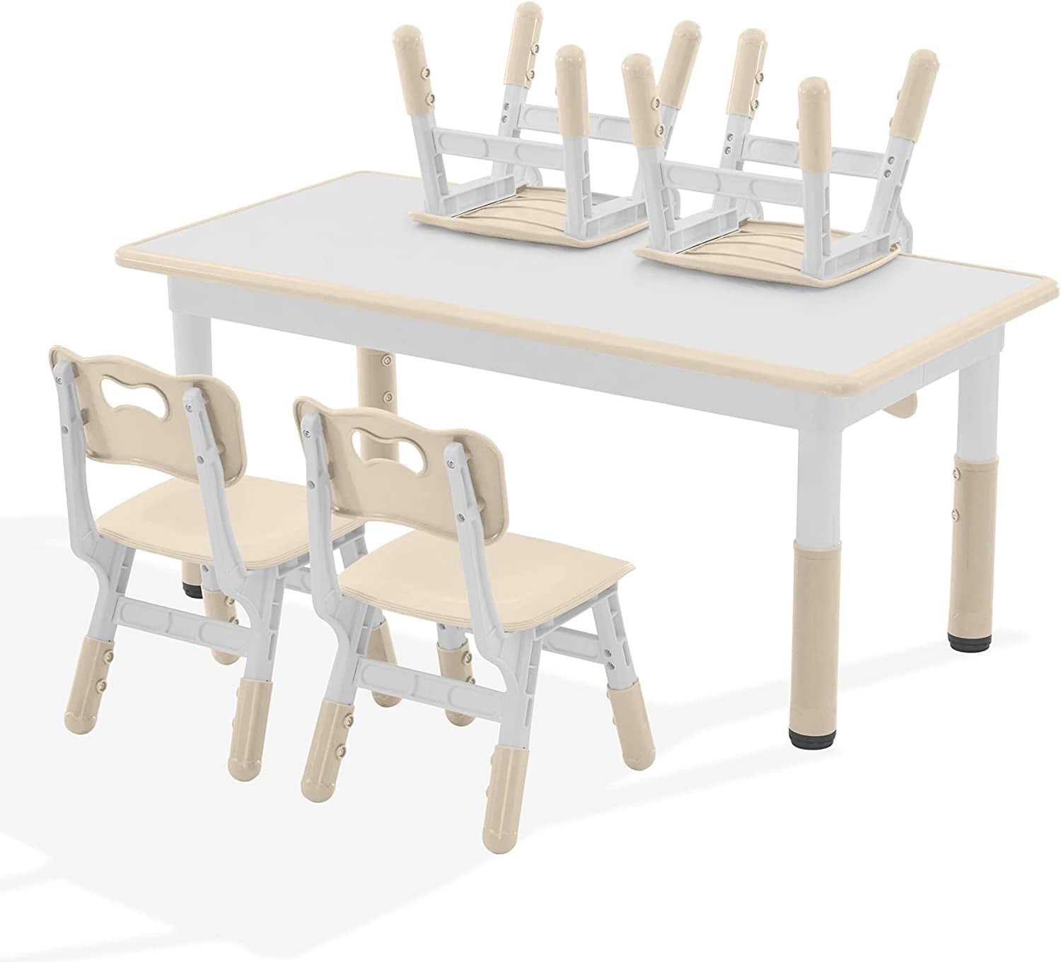 Kids Study Table and Chairs Set, Height Adjustable Toddler Table and Chair Set for Kids Ages 3-8, Graffiti Desktop (Burlywood - 1)