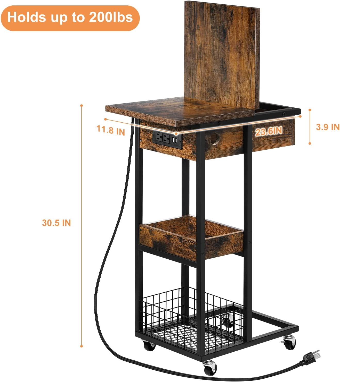 Oumilen Western Home C Shaped Small End Table with Storage Basket Rolling Casters in Rustic Burnt Wood, Build-In Fast Charging Station with USB Ports