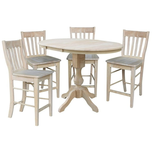 36" Round Counter Height Table with 12" Leaf and 4 Café Stools - Unfinished - 5 Piece Set