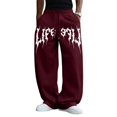 thumbnail image 2 of Men's Gothic Letter Graphic Wide Leg Sweatpants Elastic Waist Drawstring Loose Fit Hip Hop Street Casual Baggy Trousers for Everyday Outfit Wine 2XL, 2 of 5