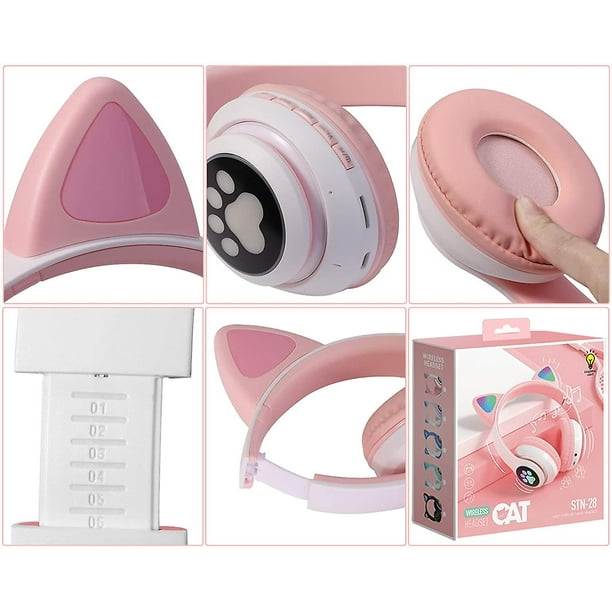 Écouteur sans fil oreille de chat Led écouteur pliable Bluetooth lumineux  avec microphone apprentissage à distance en ligne (dame rose) 