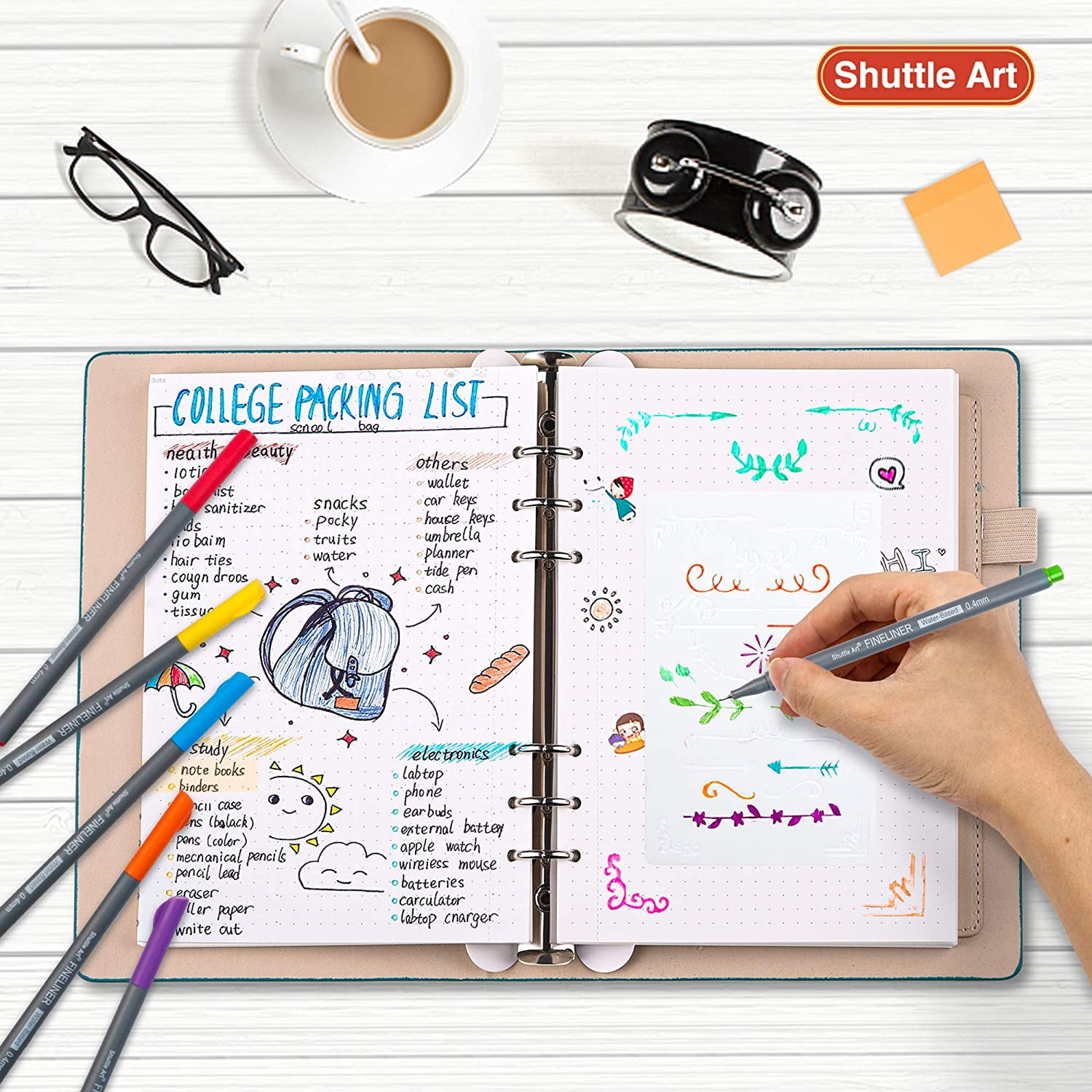 Shuttle Art Fineliner Pens Adult Coloring Stationery with 2 Stencils 2 Coloring Books Assorted Colors, 100 Count