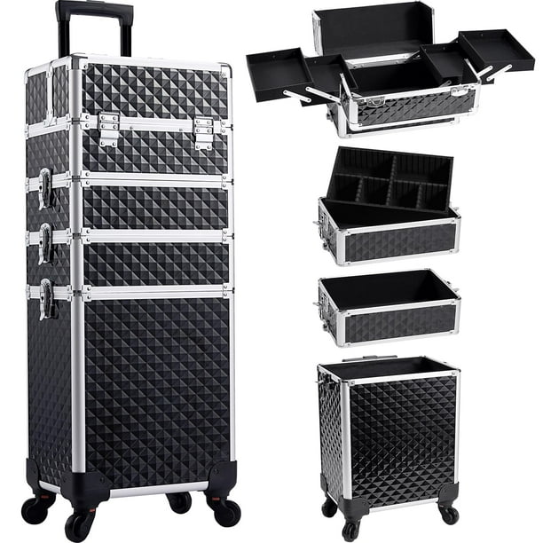 Estuche de maquillaje Yueieoun Rolling 4 en 1 con ruedas, color negro