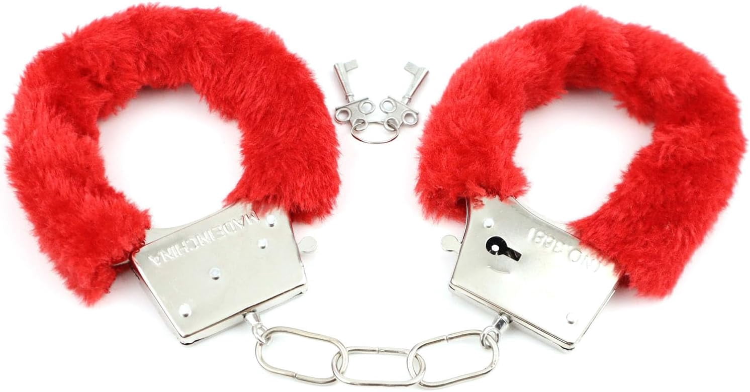 Stainless Steel Pink Fluffy Handcuffs for Ankles and Wrist with Chain,Set Fuzzy Sweater Hand Cuff Set for Adults,RED