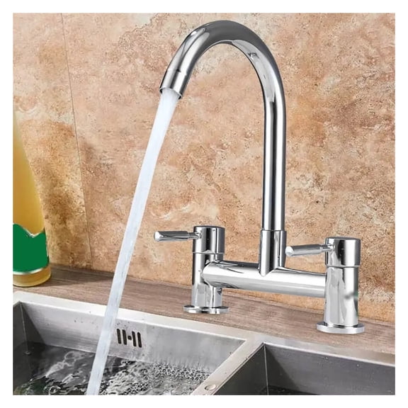 Modern Double Lever Chrome Kitchen Sink Hot and Cold Mixing Faucet 2-hole Deck Installation Faucet ,Hot Water Comes Out Immediately