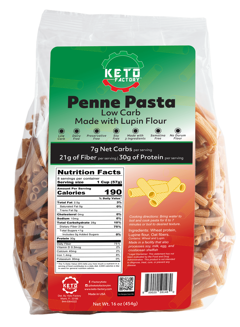Keto Factory Low Carb Penne Pasta (16oz) Keto Friendly Made with