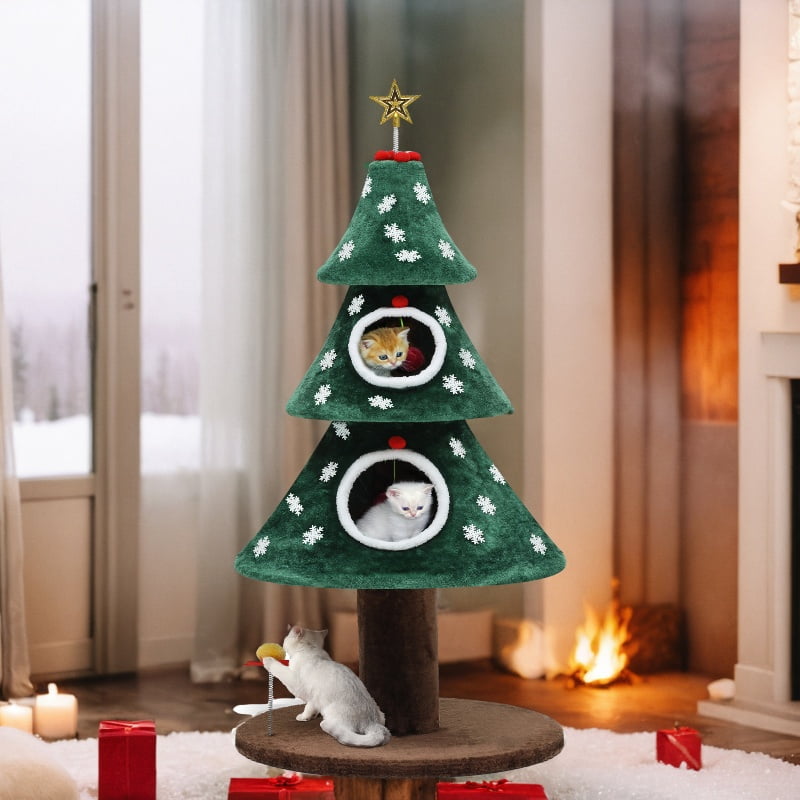 Dextrus 52" Cute Christmas Cat Tree - Festive 2-Tier Cat Tower with Cat Teaser Toy,Kittens Play Activity Center,Cat Furniture for Christmas Decoration