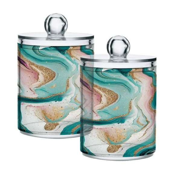 2 Pack Bathroom Canisters Transparent Storage Jar for Cotton Ball, Swab, Floss Teal Swirling Marble Pattern