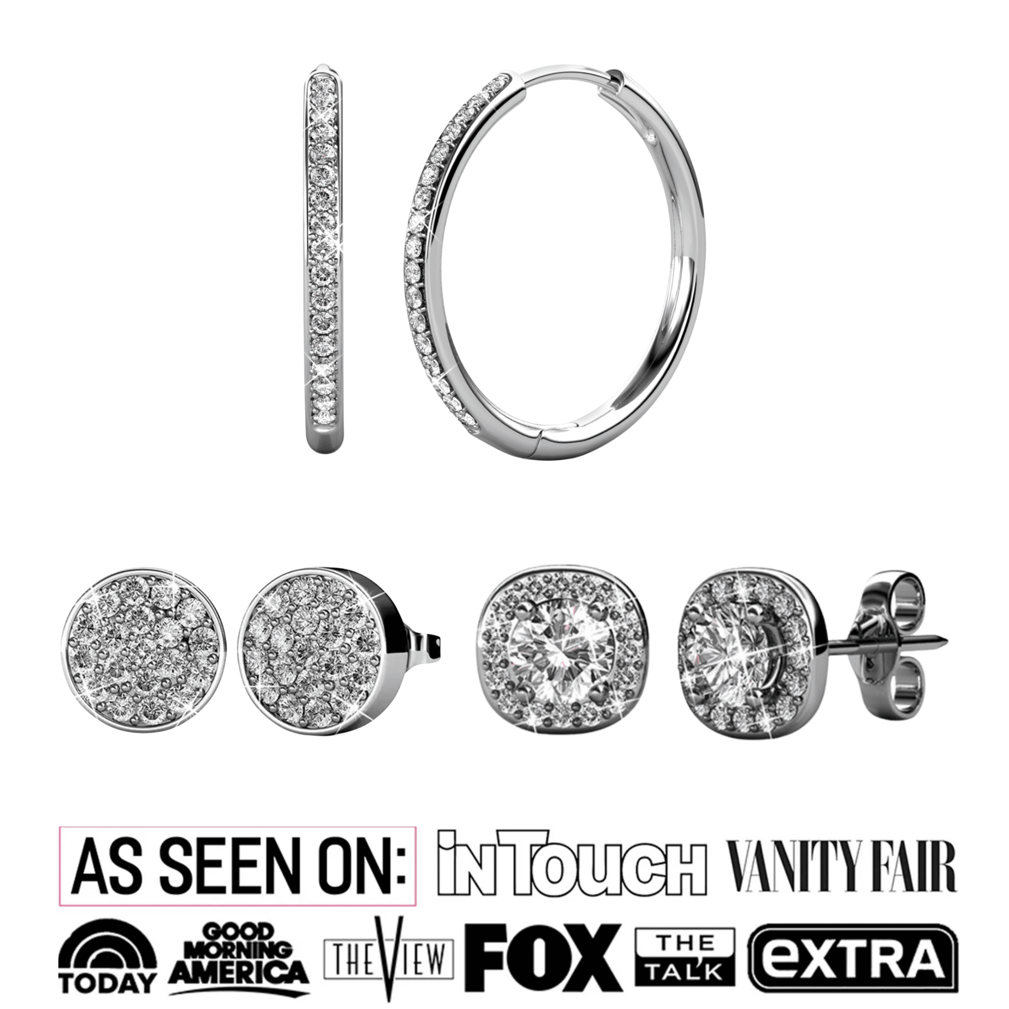 Cate & Chloe Pack of 3 - Bianca, Ruth & Nelly 18k White Gold Plated Earrings with Swarovski Crystals for Women