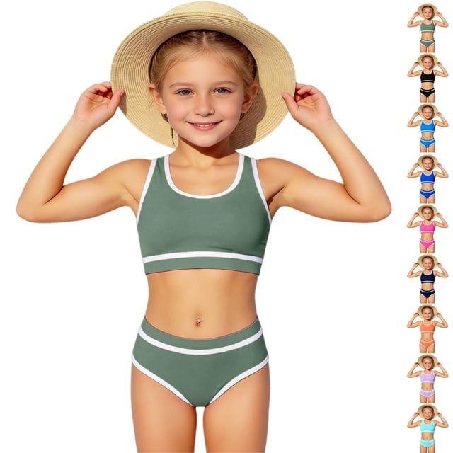 YOUYEDIAN Girls Swimsuit Two Piece Sporty High Waisted Bathing Suit Color Block High Cut Bikini Set (Army Green, 13-14 Years)