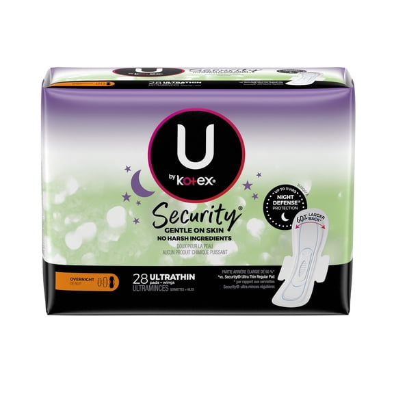 U by Kotex Security Ultra Thin Overnight Feminine Pads with Wings, 28 Count