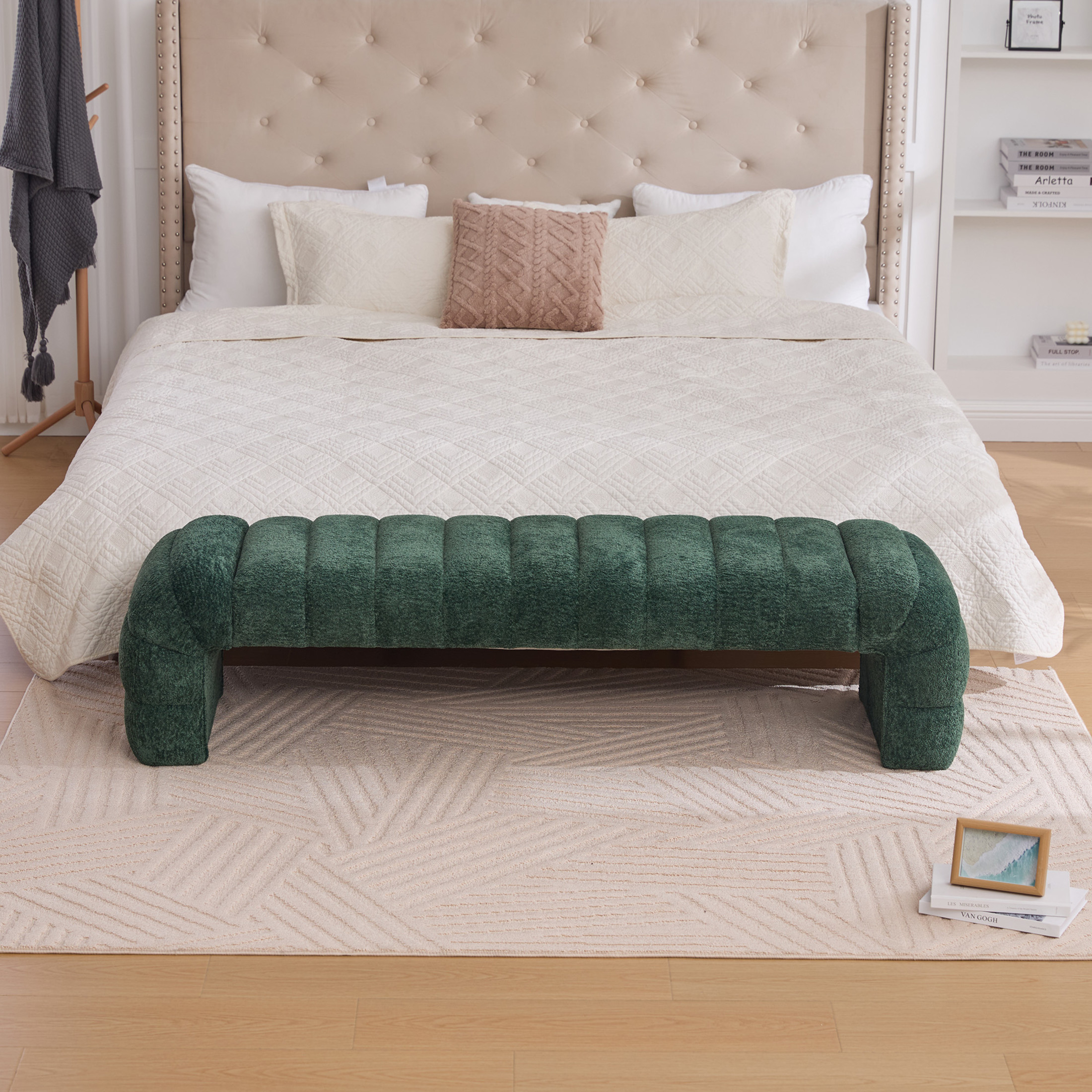 Noble House Arshore 69.7" Chenille Armless Bed Bench, Channel Tufted Daybed Chaise for Bedroom & Living Room, Green