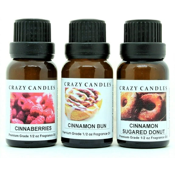 Crazy Candles 3 Bottle Set: 1 Cinnaberries, 1 Cinnamon Bun, 1 Cinnamon Sugared Donut 1/2 Fl Oz Each (15ml) Premium Grade Scented Fragrance Oil Made in USA