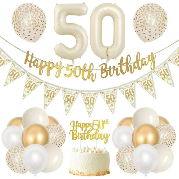 50th Birthday Decorations for Men and Women, Beige Gold 50th Birthday Balloons, Beige Gold Birthday Party Decorations, Happy Birthday Banner for Men and Women