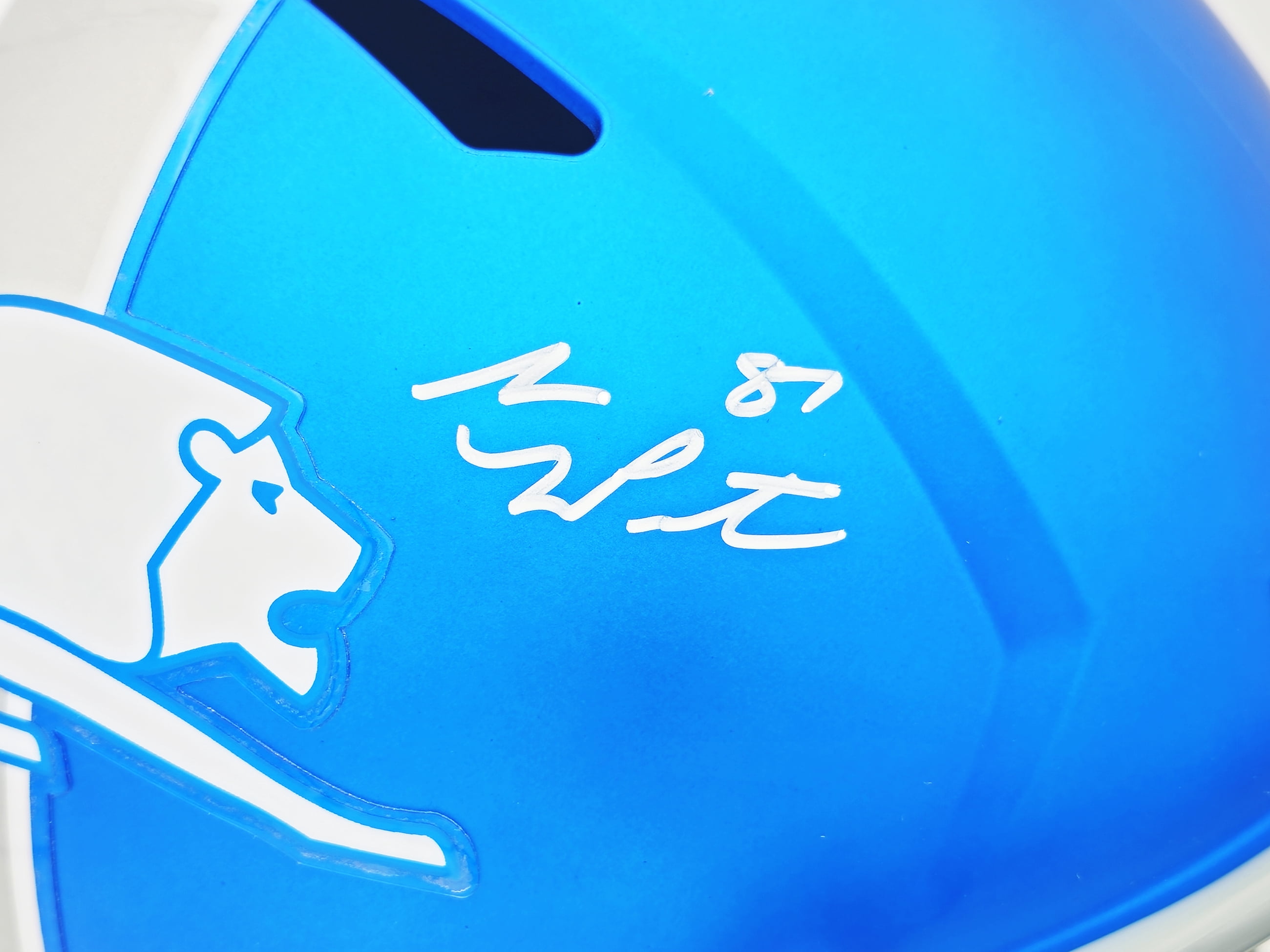 Sam LaPorta Autographed Detroit Lions Flat Matte Blue 2023 Alternate Full Size Replica Speed Helmet Beckett BAS Witness 230025