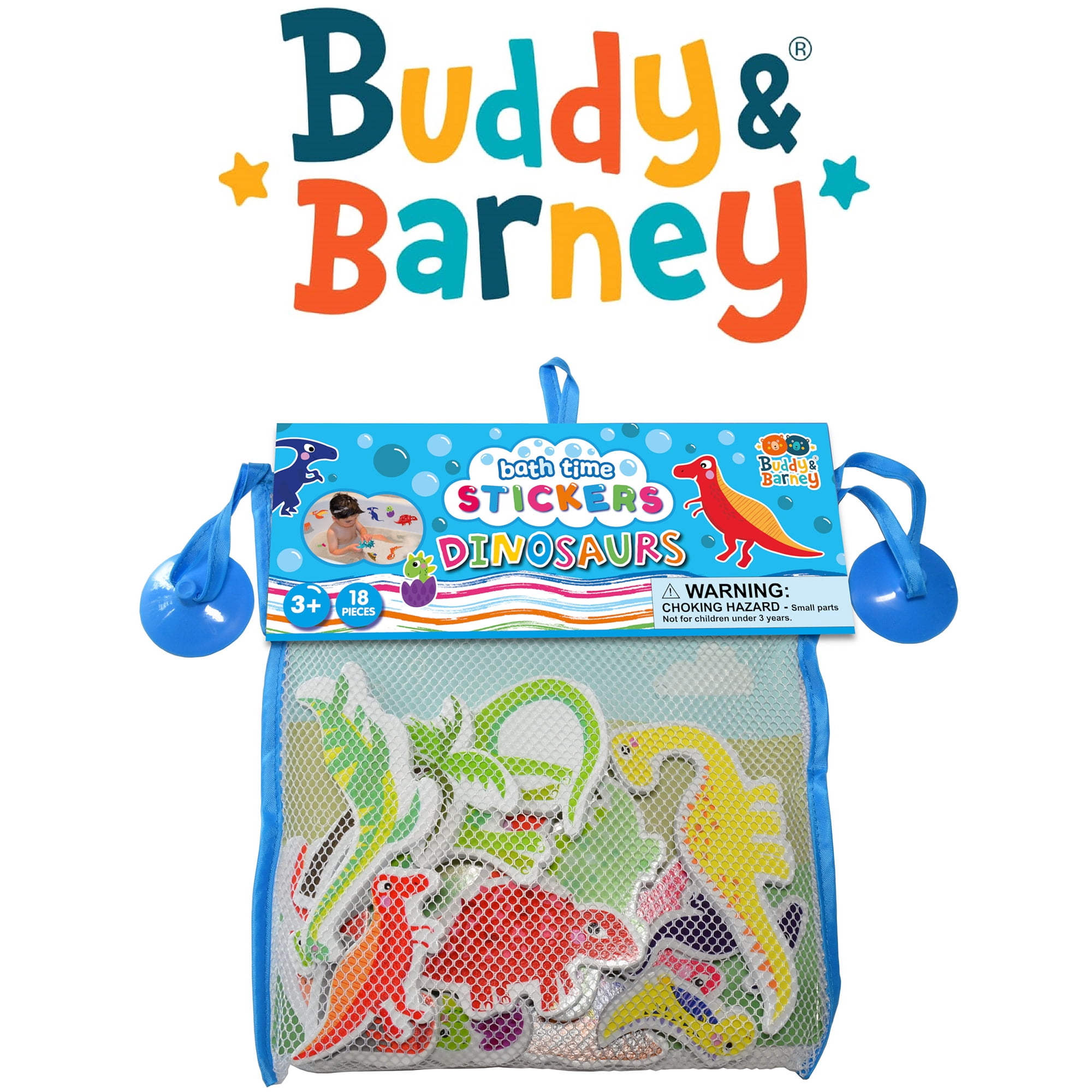 Buddy & Barney: Bath Time Stickers - Dinosaurs - 18 Foam Dino Character Pieces, Suction Cup Mesh Storage Bag, Prehistoric Play, Water Toy, Kids 3+