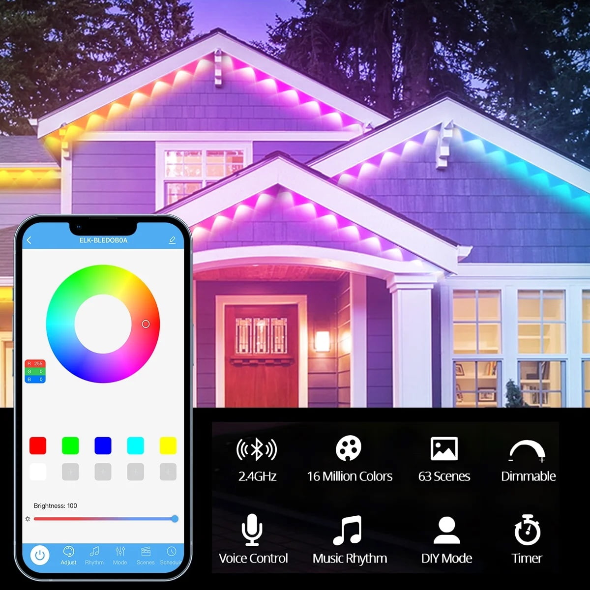 100FT Permanent Outdoor String Lights, RGBIC Smart App & Remote Control, IP65 Waterproof, Eaves Roof Garden Decoration for Christmas Party Holiday